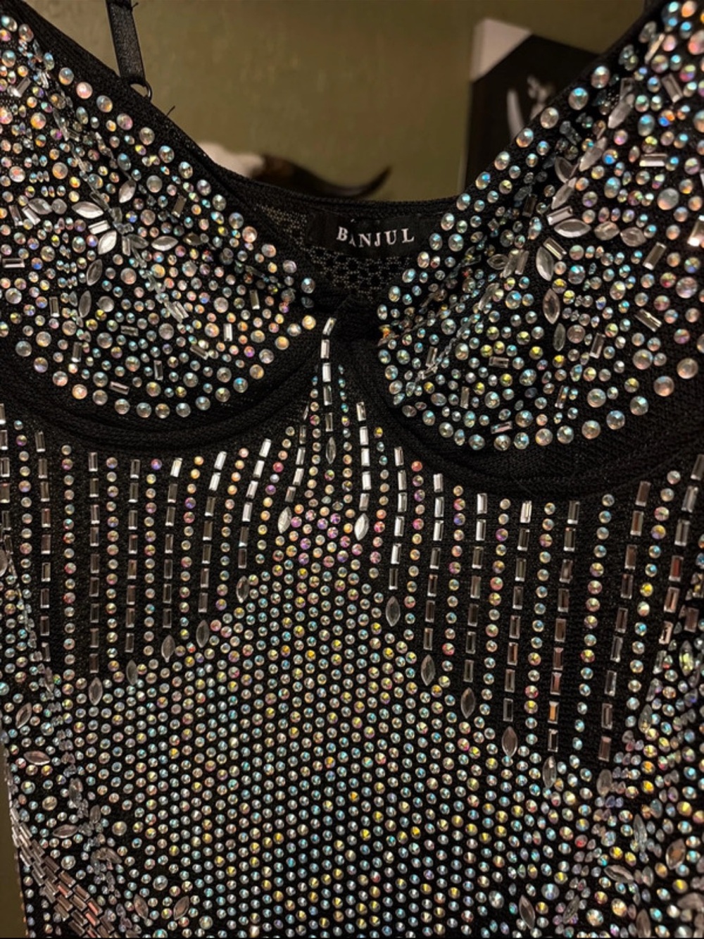 Banjul Black Tank Top with Iridescent Rhinestones
